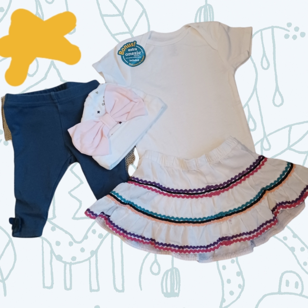 Bundle NEVER WORN LIKE NEW white onesie. 1 leggings. 1 skirt with frills. 1 cap